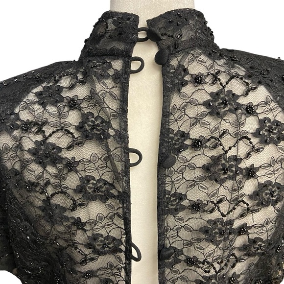 Donna Morgan Sheath Cocktail Dress Size 6P Black Sheer Lace Back High Neck Party - Picture 9 of 12